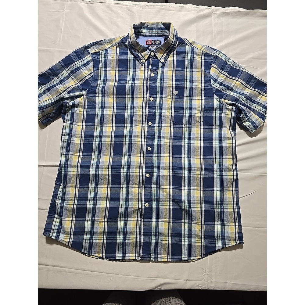 Chaps Ralph Lauren Mens XL Yellow Blue Plaid Button Down Short Sleeve Shirt